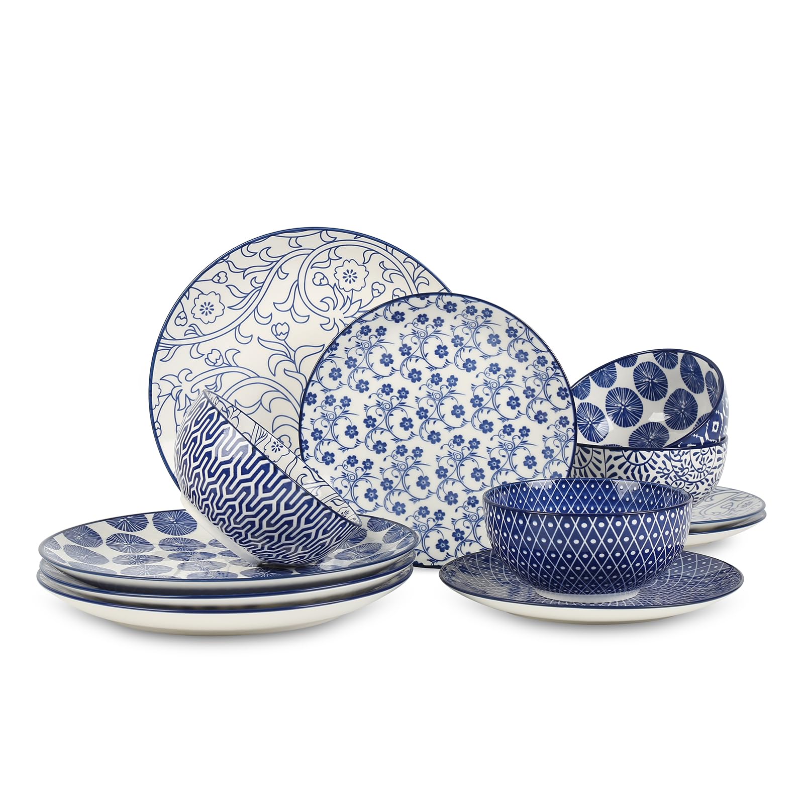 Selamica Ceramic Dinnerware Sets, 12-Pieces Plates and Bowls Sets, Scratch Resistant Dishes set for 4, Dishwasher & Microwave Safe,Vintage Blue Image Selamica Ceramic Dinnerware Sets, 12-Pieces Plates and Bowls Sets, Scratch Resistant Dishes set for 4, Dishwasher & Microwave Safe,Vintage Blue Image