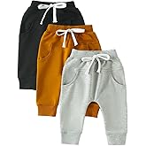 Toddler Baby Boy Fall Pants 3 Pack Active Jogger Casual Athletic Trousers Solid Color Pocket Elastic Waist Harem Bottoms