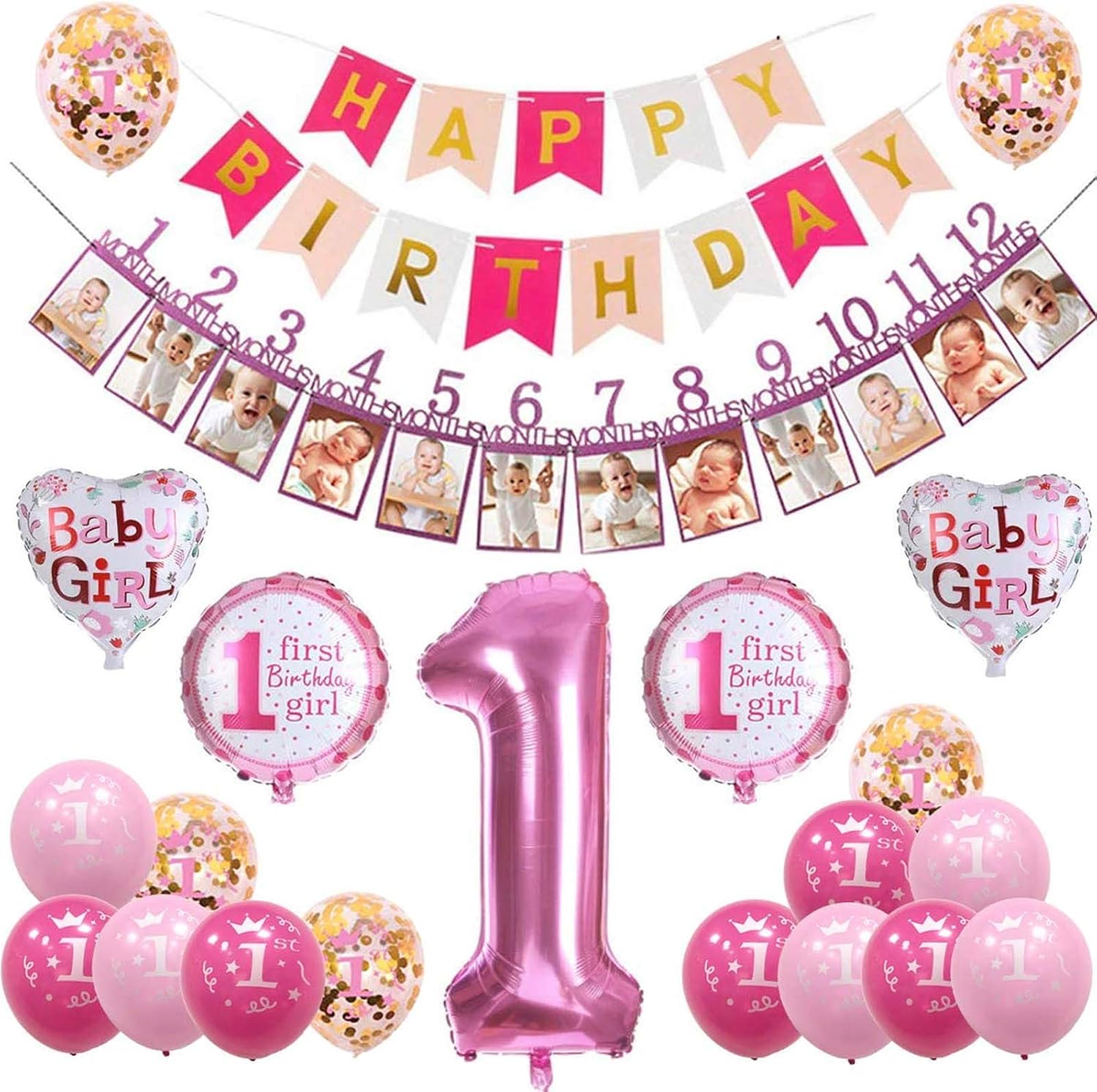 Airrioal 1 Birthday Decorations For Girls Decoration 1 Birthday First Birthday Decoration Girl Pink Amazon De Kuche Haushalt