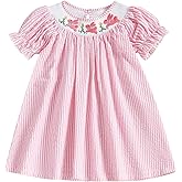 Baby Girl Easter Outfit Smocked Romper Dress Rabbit Embroidery Short Puff Sleeves Bodysuit Jumpsuit Spring Clothes