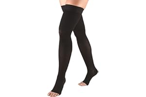 Truform 20-30 mmHg Compression Stockings for Men and Women, Thigh High Length, Dot-Top, Open Toe, Black, Medium
