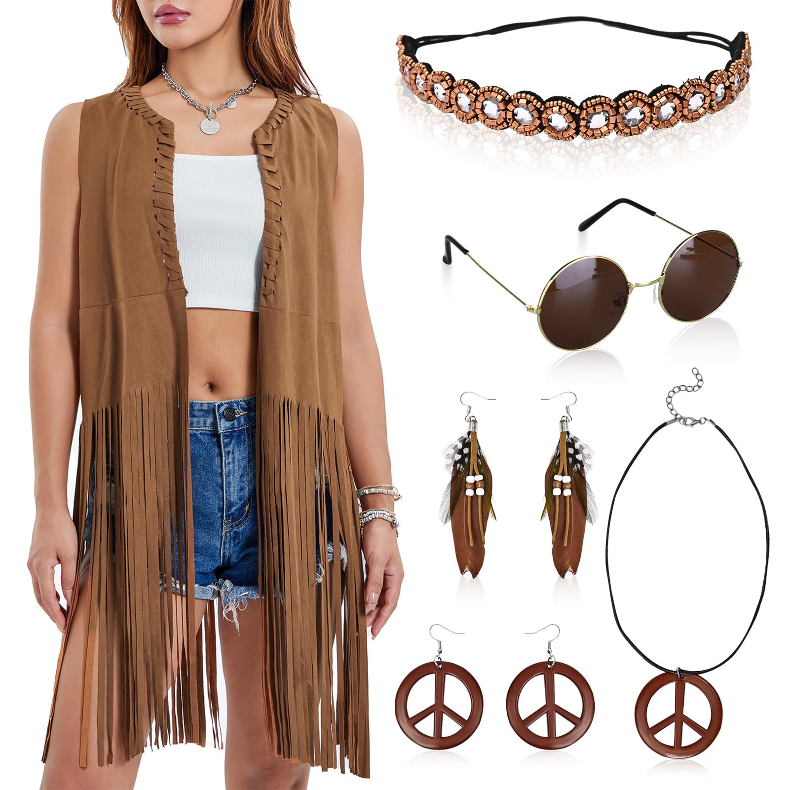 Matreeglam Hippie Costume Set for Women, 70s Fancy Dress Ladies, Fringe Vest with Sunglasses Headband, Hippie Costume Accessories for Halloween Carnival Party (L)