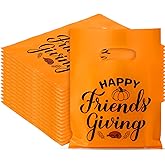 Coume 50 Pcs Friendsgiving Party Favors Bags Thanksgiving Gifts Happy Friendsgiving Plastic Orange Treat Bags with Handles Fall Decorations Supplies for Friends, 6" x 8"