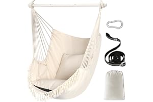 Chihee Hammock Chair Hanging Swing Max 500 Lbs 2 Cushions Included Metal Spreader Bar with Anti-Slip Grooves Portable Hanging Chair Side Pocket Large Macrame Bohemian Chair Indoor Outdoor