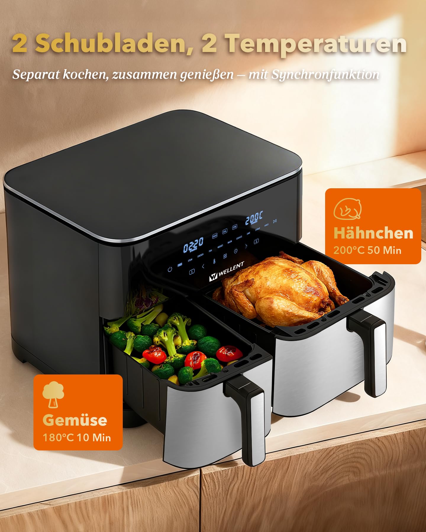 Heißluftfritteuse 2 Kammern, 2600W 11L Airfryer XXL(4+7L) WELLENT 10-in-1 Heissluftfritteuse Doppelkammer Air fryer Dual Zone mit Touchscreen, Match & Synchronisierungsfunktion, spülmaschinenfest 4