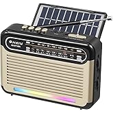 G Keni Portable Solar Radio AM FM SW with Rechargeable Battery Operated, Shortwave Bluetooth Radio Strong Reception, USB/TF Card Input, Solar Panel, Big Speaker with Ambient Light (Golden&Black)