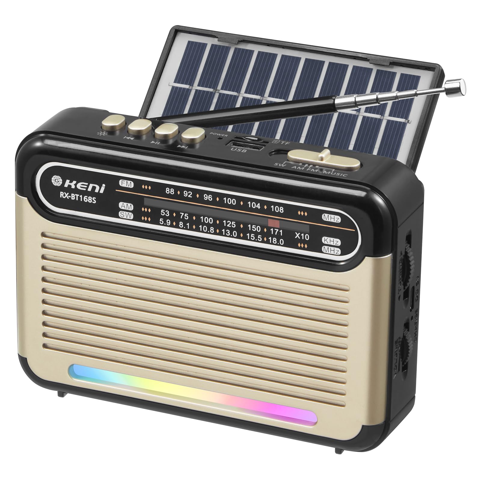 Photo 1 of G Keni Portable Solar Radio AM FM SW with Rechargeable Battery Operated, Shortwave Bluetooth Radio Strong Reception, USB/TF Card Input, Solar Panel, Big Speaker with Ambient Light (Golden&Black)