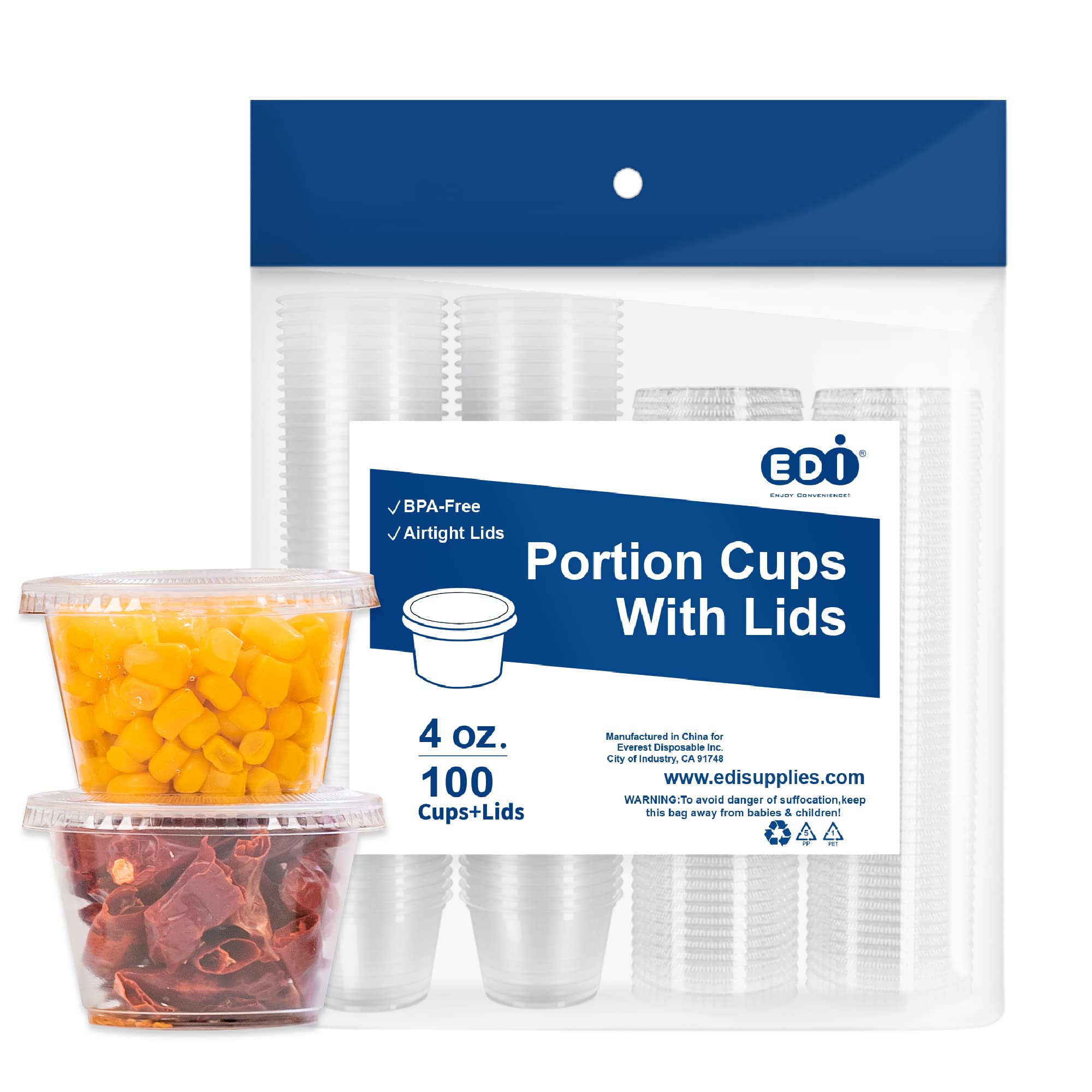 Photo 1 of EDI [4 OZ, 100 Sets] Clear Disposable Plastic Portion Cups with Leakproof Lids for Condiment and Dipping Sauce | Jello Shot/Souffle Cups| BPA Free | Recyclable