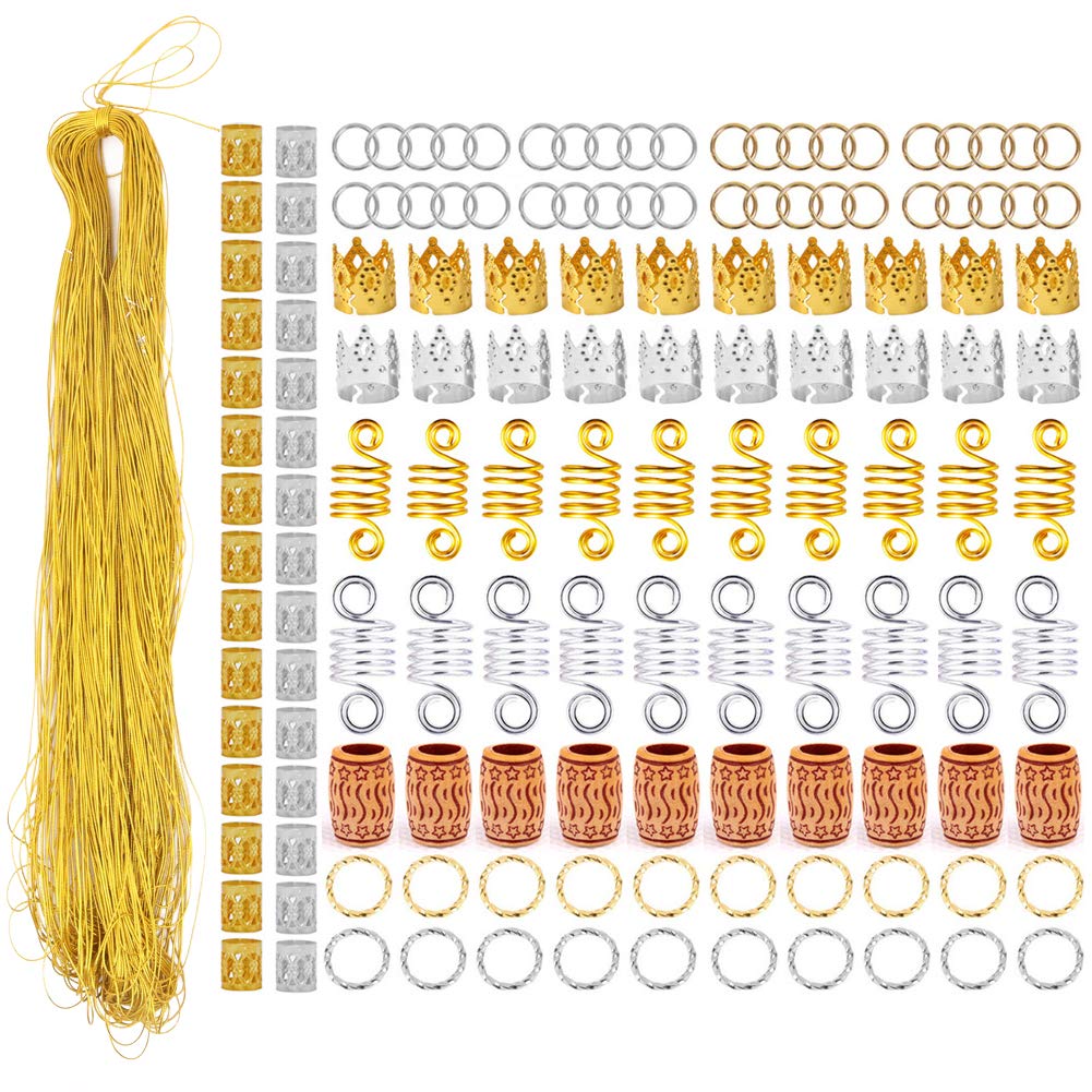 140 Pieces Hair Jewelry Rings Aluminum Hair Accessories with 100m Metallic Cord,Hair Coil Dreadlocks Hair Braid Rings Cuffs Hair Braiding Beads Hair Braids Accessories