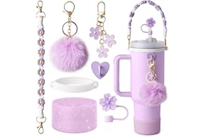HWGOODYE 7Pcs Purple Stanley Cup Accessories Set for 30oz 40oz Tumbler Water Bottle Handle Strap Boot, Siliocne Straw Cover, Stanley Keychain Charms Gifts