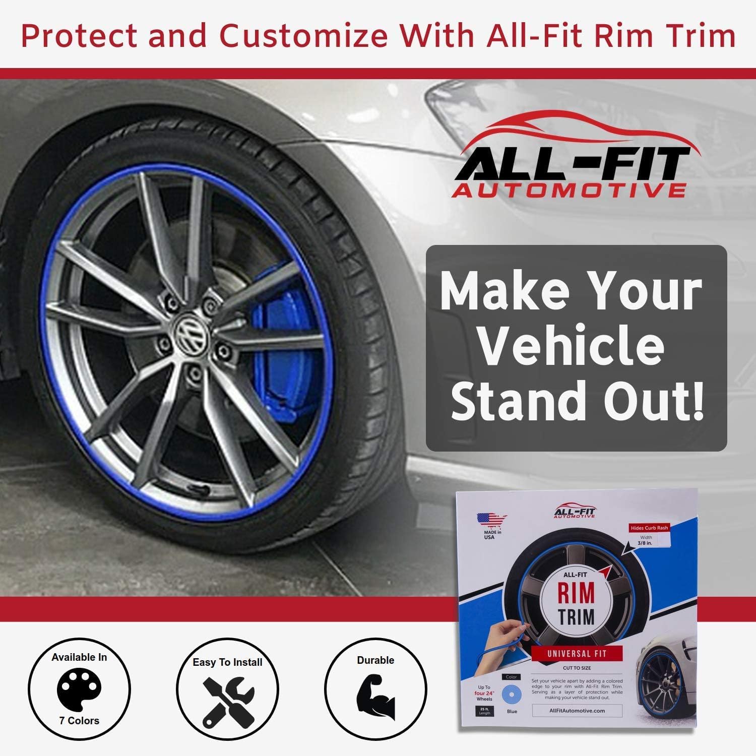 All-Fit Automotive Rim Trim – Durable DIY Car Exterior Accessories for Curb Rash Protection – Fits Up to Four 24” Wheels – Flexible, Durable Wheel Rim Protector (3/8″ width/Black)