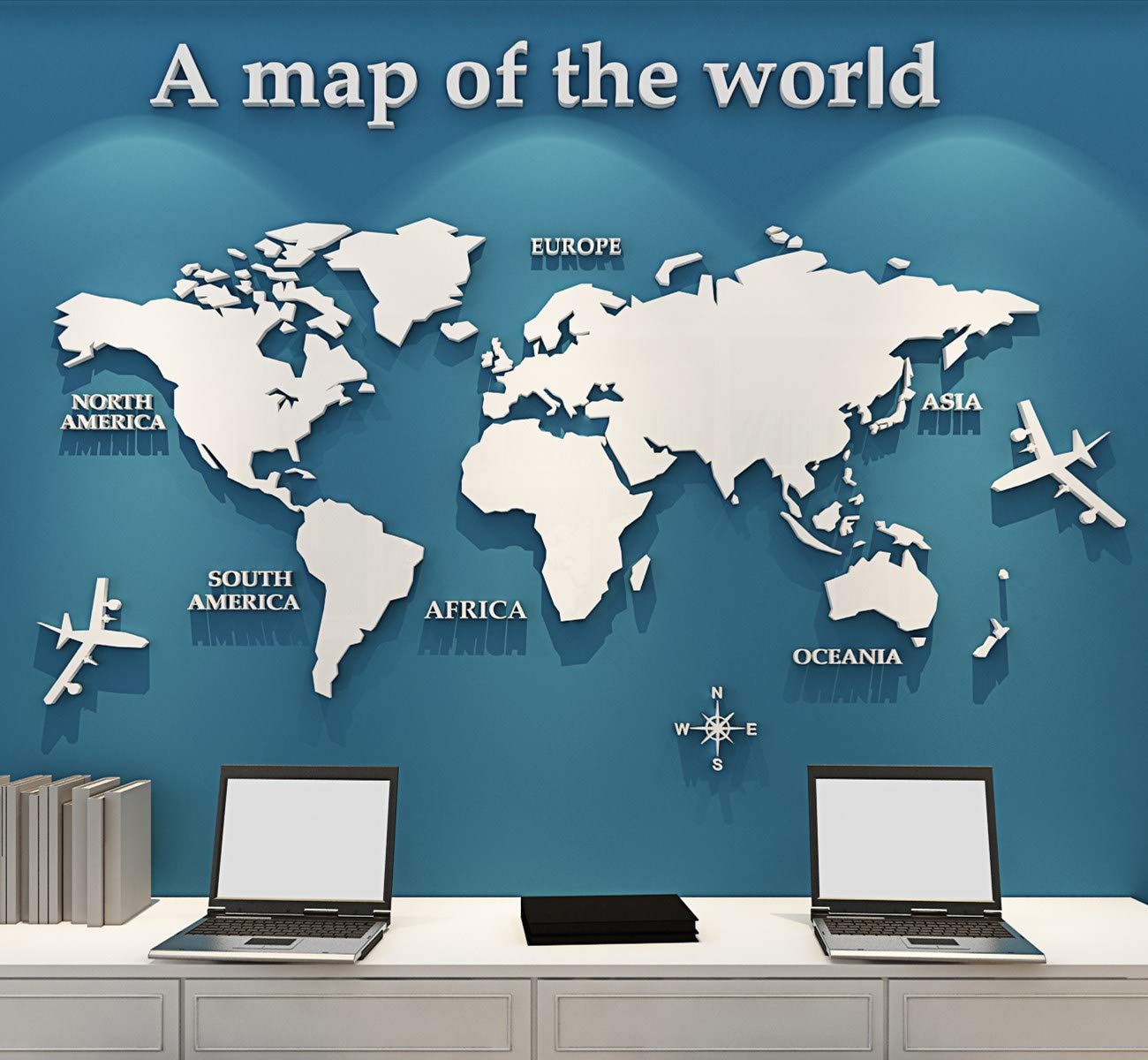 3D World Map Stickers Wall Decoration Art Sticker for Office Study Living Room Bedroom Sofa Background Room Decor Wall Decals Stickers (280 * 146cm, White)