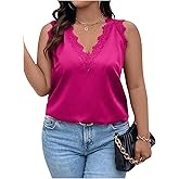 SHENHE Women's Plus Size Lace Trim V Neck Sleeveless Satin Loose Tank Elegant Top Shirt