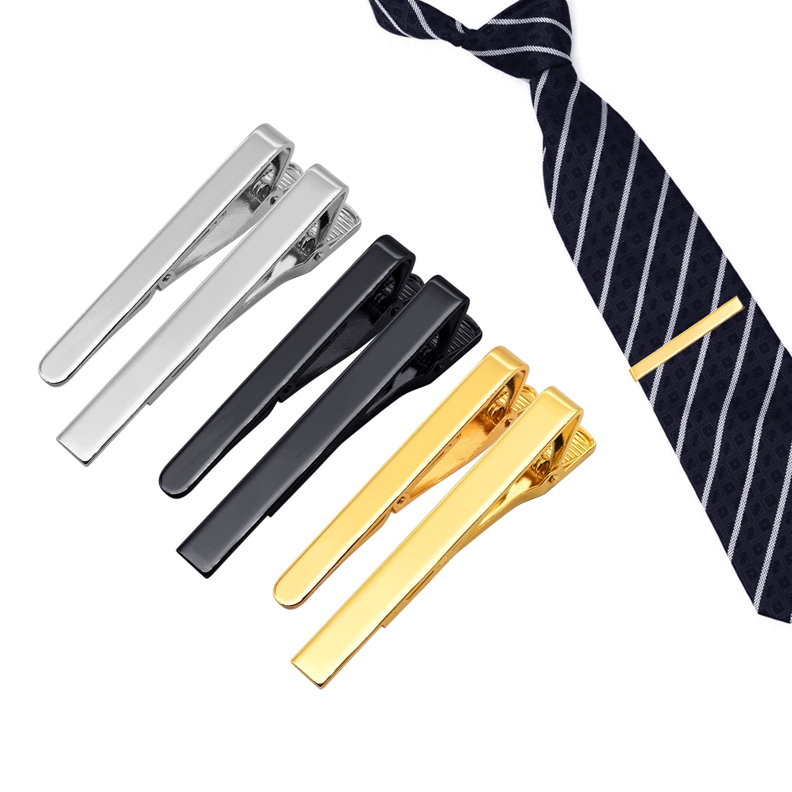 6 Pack Tie Clips for Men, 3 Color Long & Short Styles Tie Bar Clip Set Silver Gold Black Necktie Bar Men's Tie Accessories Menโs Tie Clip Pinch Clips Classic Gift Set Square Edges Tie Tack Pins