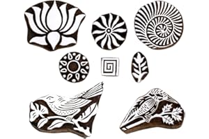 Bird & Lotus Design Wooden Block Stamps Tattoo Handcarved Indian Textile Printing Blocks - Wooden Stamp Set of 8 - for Crafting on Fabric, Card, Pottery, Clay & Henna Hashcart®