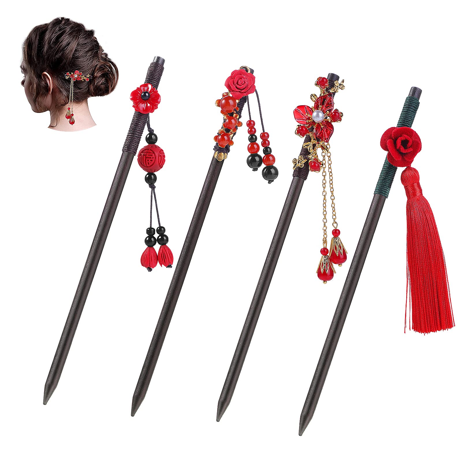 Molain 4 Pcs Vintage Handmade Wooden Chinese Japanese Hair Pins for Women and Girls