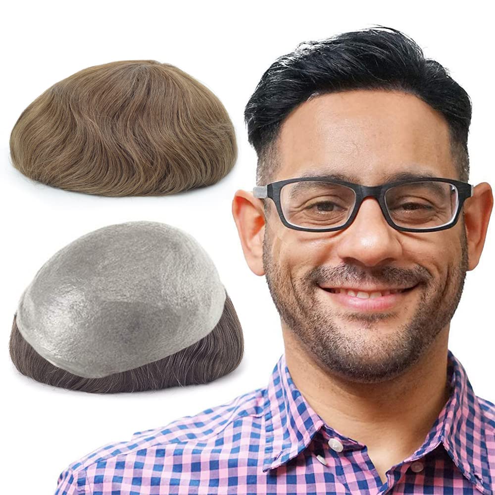 Lordhair Toupee for Men with 100% European human hair 8x10 inch Hairpiece for Men 0.06mm Super Thin Skin Hairsystem All V-looped Mens Toupee (Light Brown 7#(ASH)) โ image 1