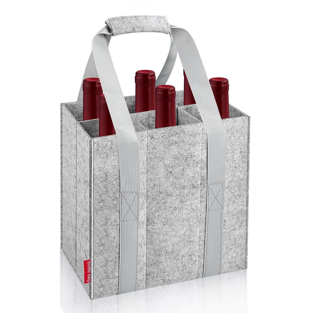 Eurhomewit Bottle Bag 6 Compartments, Wine Bottle Carrier Felt Wine Tote Bag Holder with Protable Handles, Reusable Wine Bottle Bag for Transporting Red Wine, Champagne, Beer and Water Bottles - Grey