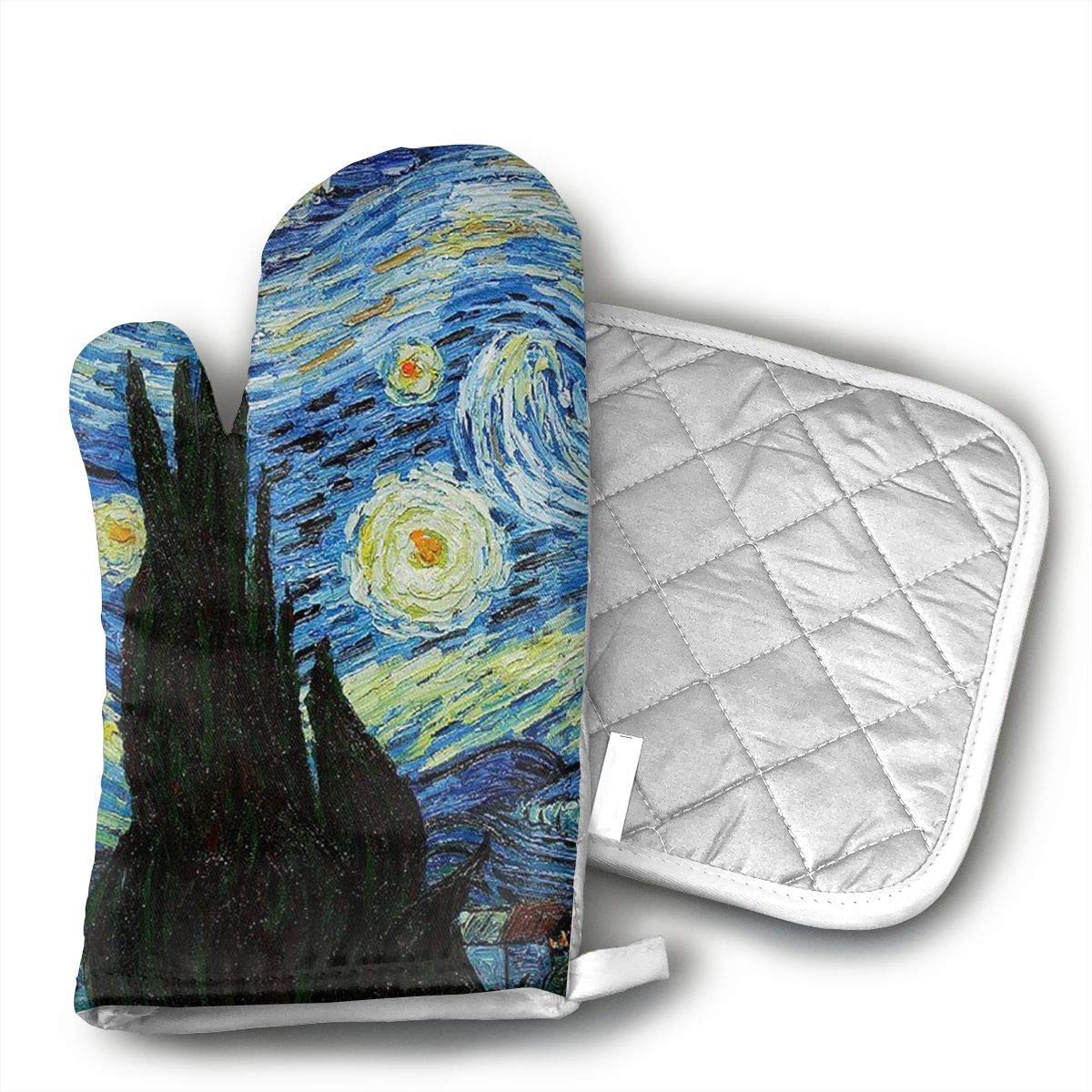 Van Goghs Paintings Oven Mitts and Pot Holders Set with Polyester Cotton Non-Slip Grip, Heat Resistant, Oven Gloves for BBQ Cooking Baking, Grilling