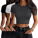Neer 3 Pack Women's Crop Tops, Crew Neck Short Sleeve Cropped Shirts Slim Fitted Summer Casual Workout Basic Tight Tees
