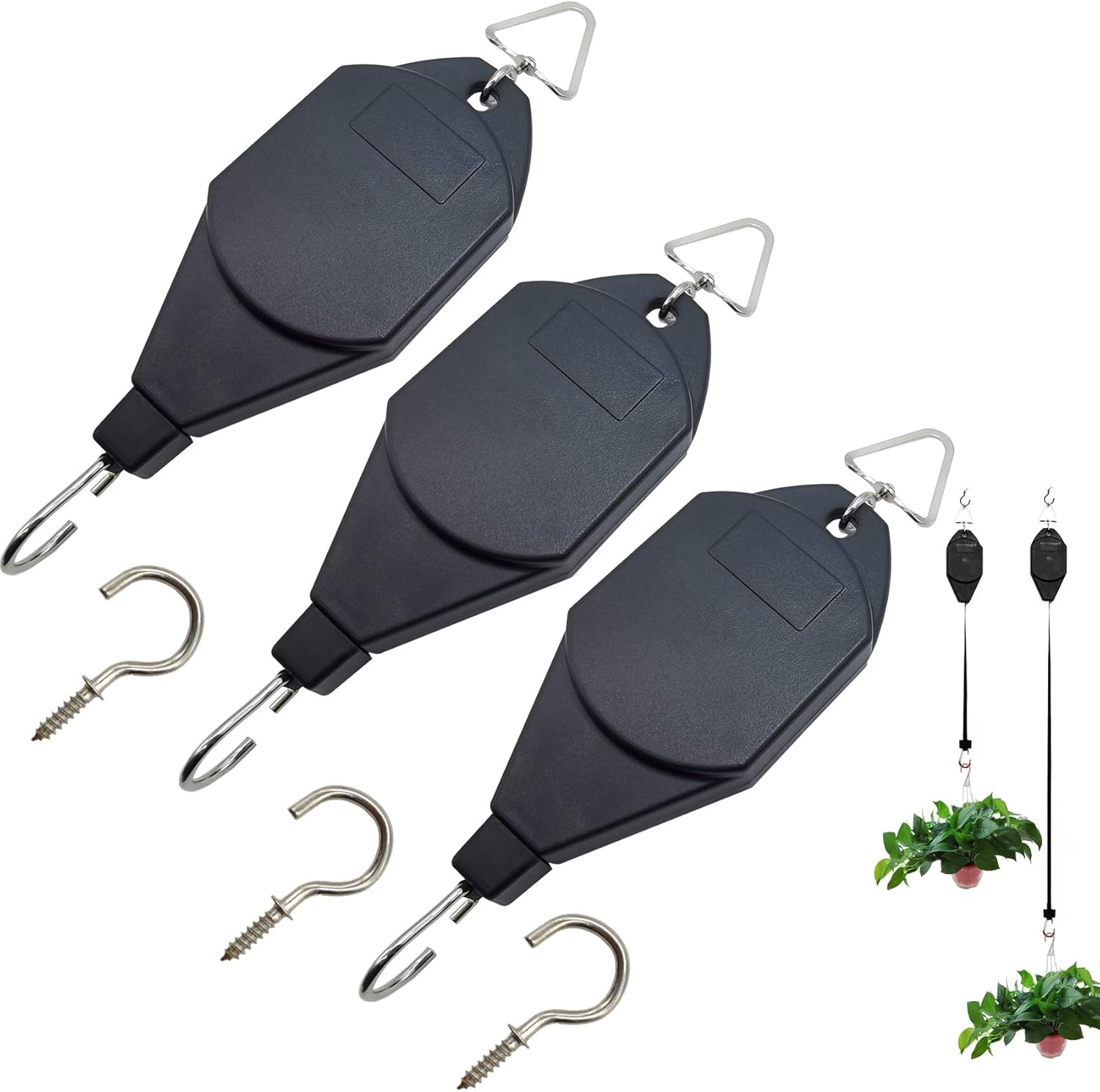 Outdoor Hanging Brackets - TIHOOD 3PCS Plant Pulley Hanger with 3 PCS Metal Ceiling Plant Hooks, Retractable Plant Hook Pulley, Adjustable Heavy Duty Plant Hanging Pulleys for Garden Baskets & Bird Feeder