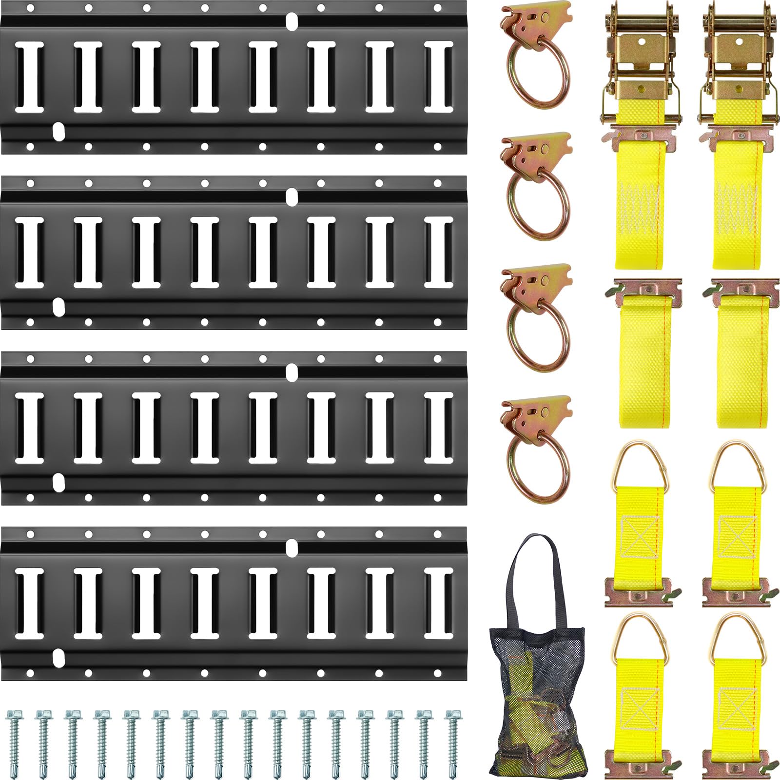 Photo 1 of E Track Tie-Down Rail Kit, Trailer Tie Downs, 31 Pcs Set Etrack kit, 4 Rails, 4 Rope Tie Offs, 4 O Ring Anchors, 2 10ft Straps, Securing Accessories for Garages, Vans, Trailers, Cargo, and Motorcycle