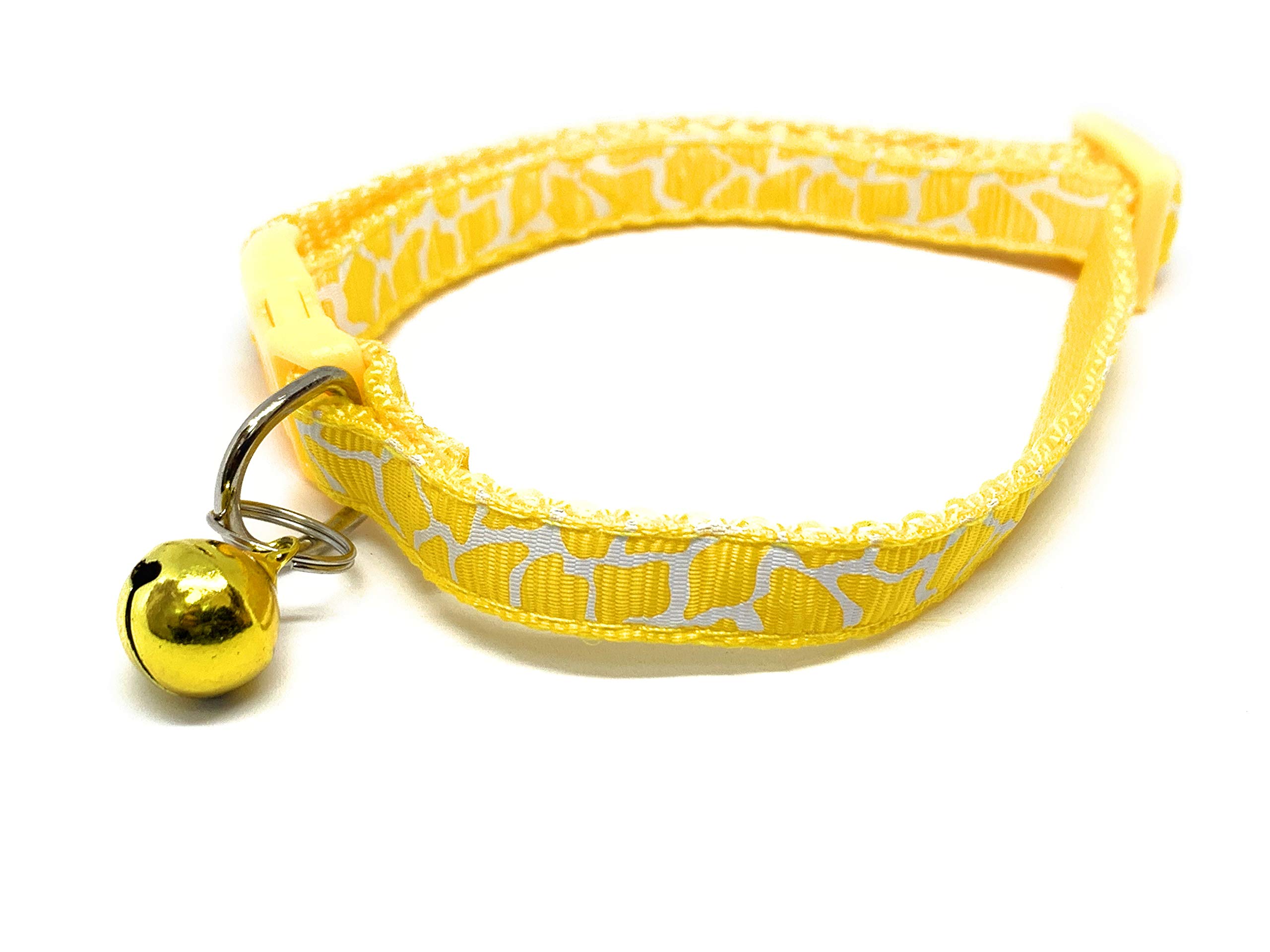 Reflective & Adjustable Cat, Dog, Small Animal Pet Collar; Bells to Stop Hunting. Funky Patterned, Paw Prints. Designed for Visibility [YELLOW GIRAFFE]