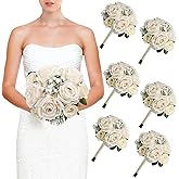 DIYDOFUN Wedding Bridesmaid Bouquets Set of 6, Artificial Silk Flowers Arrangement for Ceremony Marriage Proposal Party Anniversary Decorations - Champagne