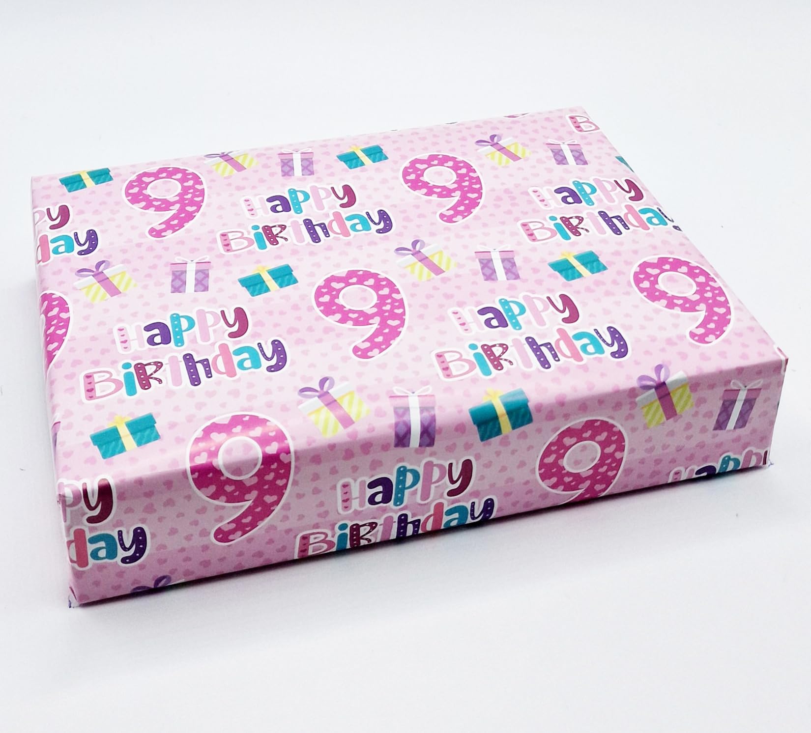 4 Sheets + 4 Gift Tags 9th Birthday Girl Pink Wrapping Paper Age 9 Cute Birthday Giftwrap Pink (PA)