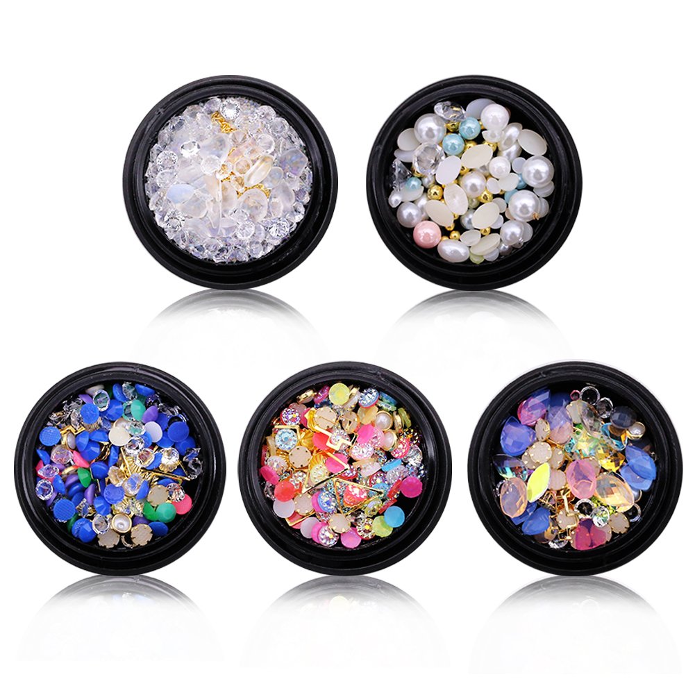 5 Boxes 3D Nail Art Decoration, Shining Nail Rhinestones,Crystal Beads Gems Alloy Nail Charms for DIY Nails, Cell Phone Case DIY Craft, Scrapbooking and Drawing