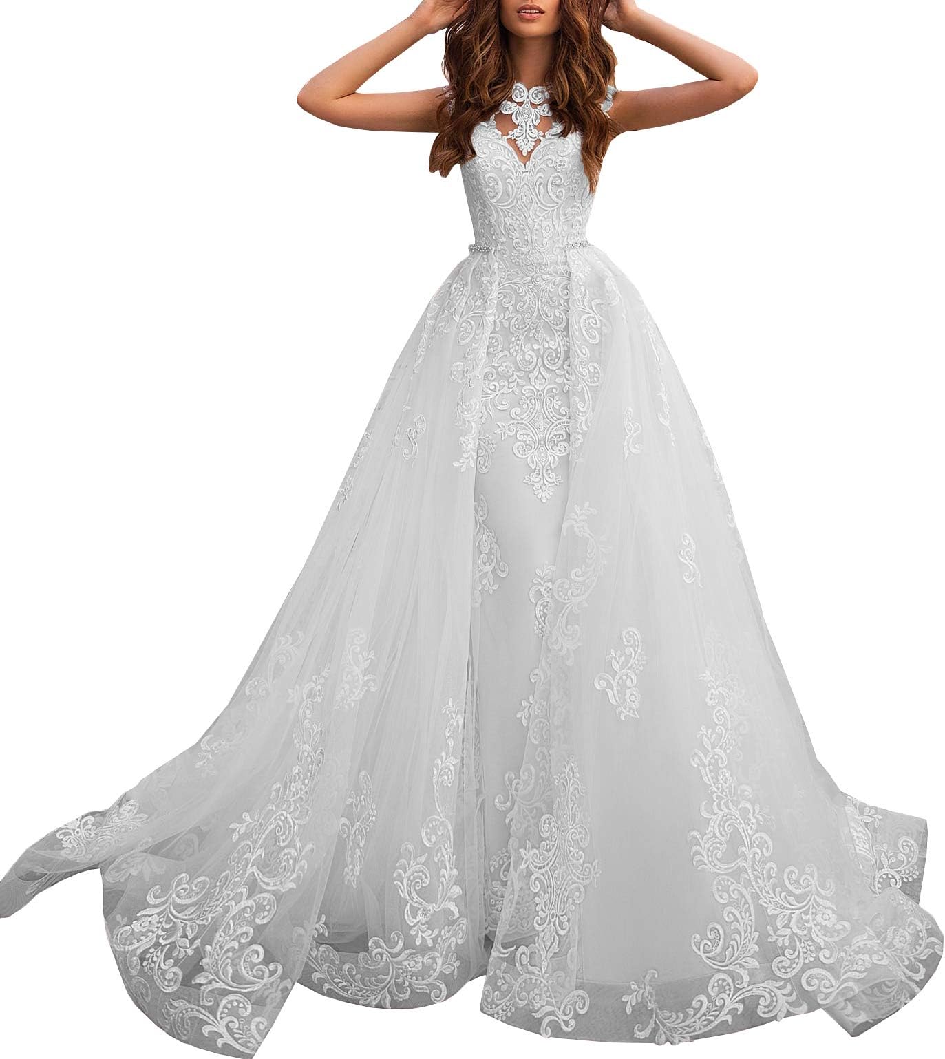 Women’s A-line Lace Appliqued Removable Sweep Train Bridal Gowns Chapel Wedding Dresses for Bride Plus Size