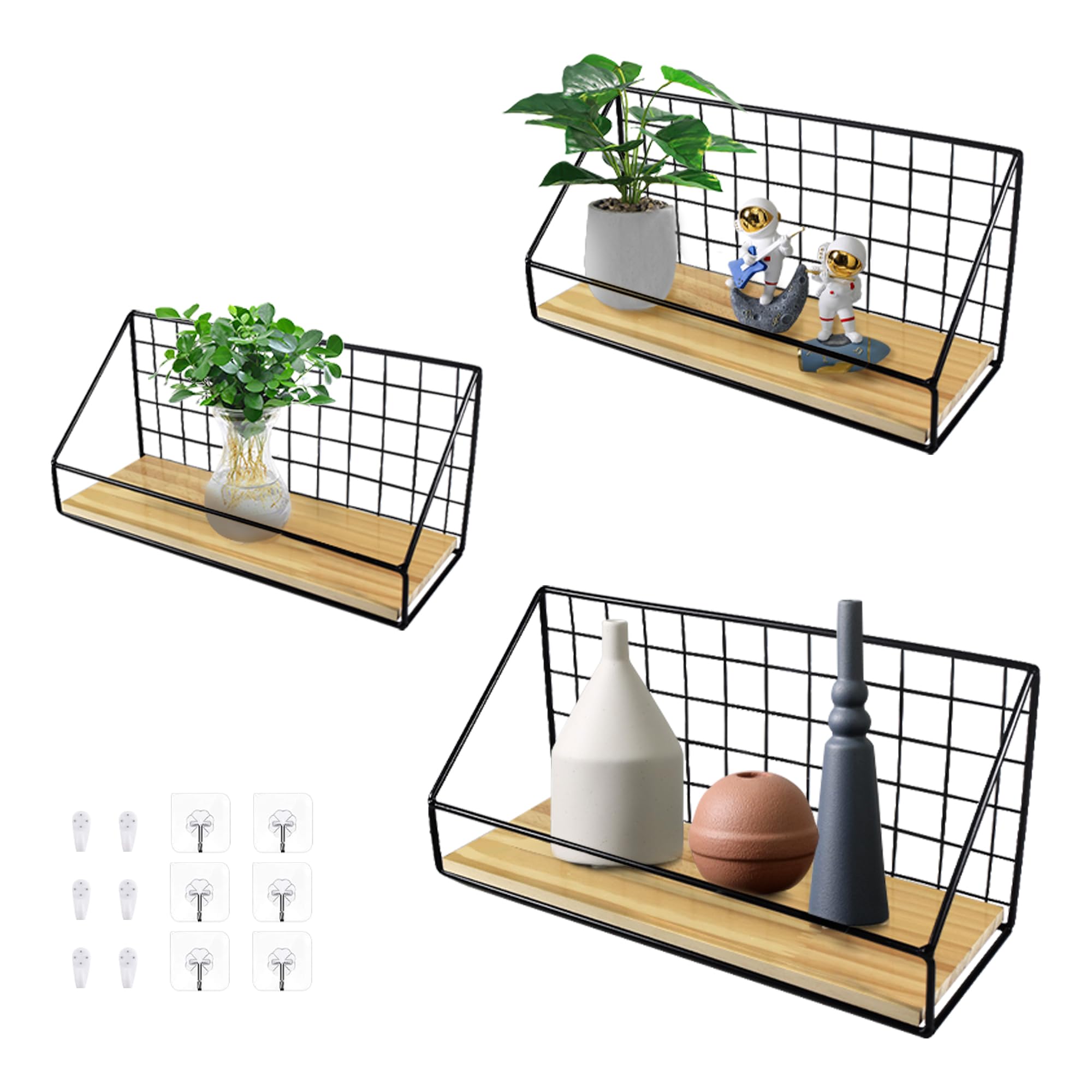 YKUKIZEE Rustic Floating Shelves Set of 3, Metal Wire Shelves for Wall, Wooden No Drilling Floating Shelves Wall Mounted for Bedroom Kitchen Bathroom