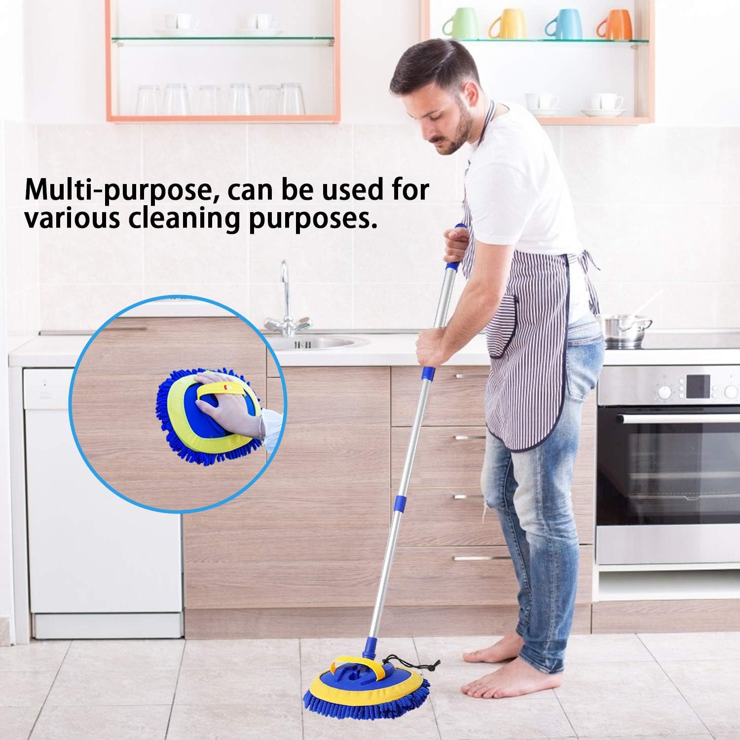2 in 1 Microfiber Car Wash Mop Mitt with 45" Aluminum Alloy Long Handle,Chenille Car Cleaning Kit Brush Duster with Scratch Free for Washing Car/Truck/RV,2 Mop Head and 1 Towels and Air Vent Duster: Automotive