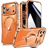 Reukdnv [Built-in Privacy Screen Protector & Invisible Ring Stand] Privacy Case for iPhone 17 Pro Max 6.9'' [Soft Bumper Full Signal] [Compatible with MagSafe] Full-Body Shockproof Clear Case, Orange