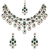I Jewels Gold Plated Indian Bollywood Wedding Teardrop Design & Stone Necklace Jewellery With Earrings & Maang Tikka Set for Women