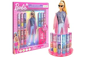 Barbie Lip Gloss with Acrylic Stand for Storage and Display, Plant Based Lip Gloss, Perfect for Parties, Sleepovers, Makeovers, Birthday Gift for Girls, Age 3+, by Townley Girl