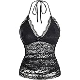SHENHE Women's Y2k Lace Halter Top Tie Backless Deep V Neck Sexy Fitted Crop Top