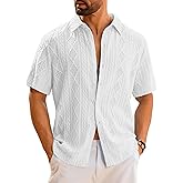LecGee Men's Summer Button Down Shirt Short Sleeve Eyelet Hollow Out Lace Top See Thru Beach Hawaiian Shirt Casual Daily
