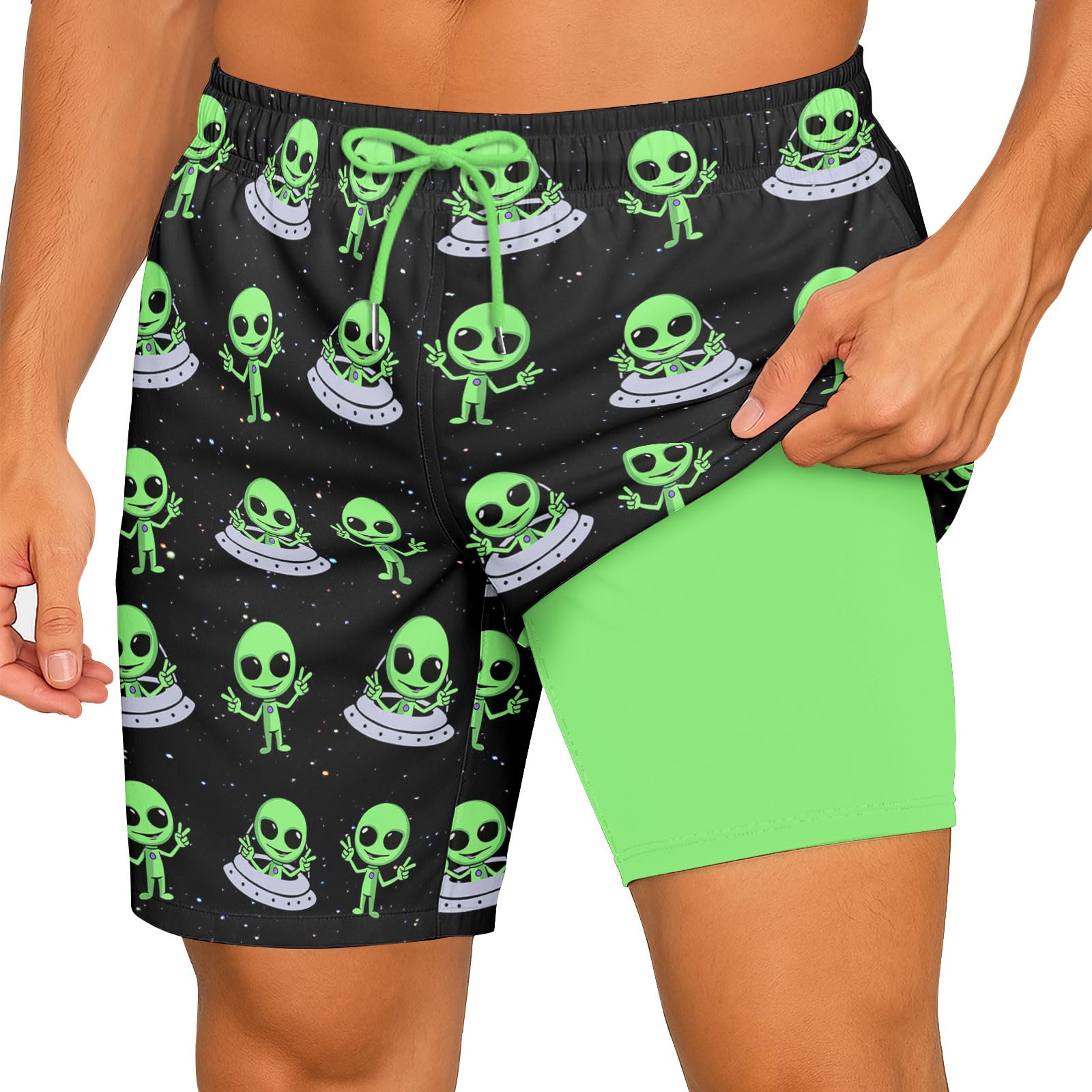 Photo 1 of HUNTFAMI Men's Swim Trunks Board Quick Dry 7 Inch Beach Shorts Compression Liner Bathing Suit, Ideas, Alien UFO