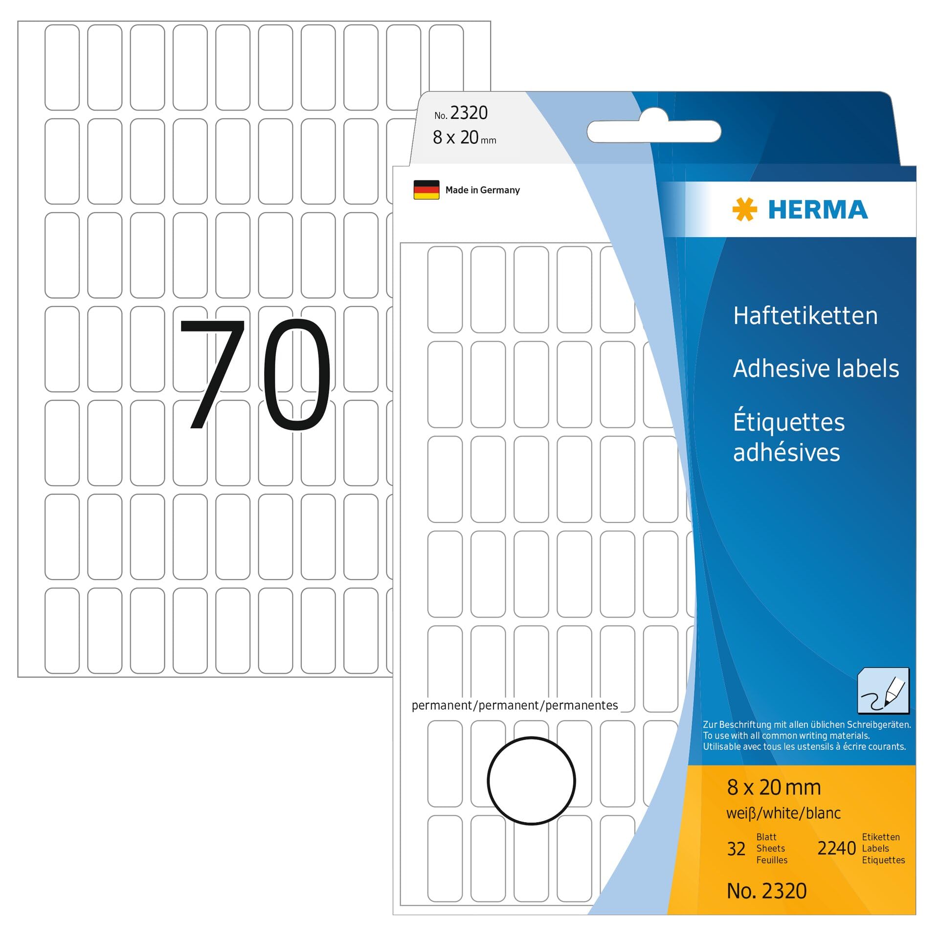 HERMA Multi Purpose Labels, 70 Labels per Sheet, 32 Sheets, 8 x 20 mm, 2240 Labels, Self Adhesive Mini Labels Stickers, Blank Sticky Labels for Office Kitchen Home, White