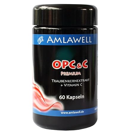 Amlawell OPC Traubenkernextrakt plus Vitamin C / 60 Kapseln / 280mg OPC aus 600mg Spezial-Traubenkernextrakt / Zertifiziert /