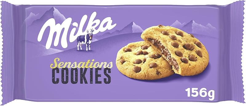 Biscoito de biscoito com sensações de milka com chocolate de leite pepitas e preenchimento de chocolate lilk do alpes 156 g