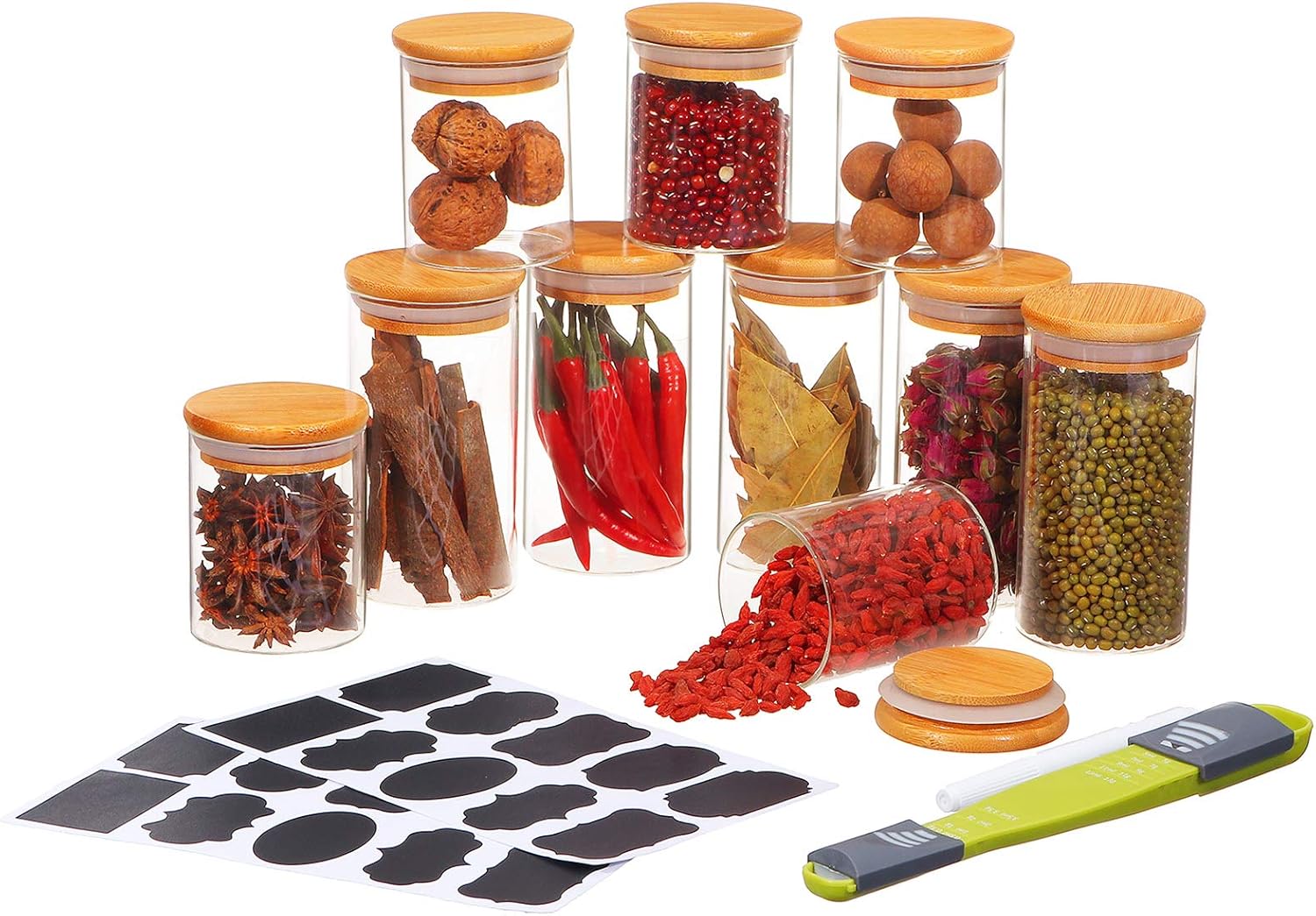 SAWAKE Vorratsgläser 10er Set(250ml& 350ml),Mini Gewürzgläser Vorratsdosen Glas Set Vorratsbehälter Vorratsglas mit Deckel Aufbewahrungsbox Küche,Vorratsdosen luftdicht für Gewürze/Bohnen/Zucker