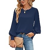 Aifer Womens Tops Dressy Casual Crew Neck Pleated Lantern Long Sleeve Work Shirts Chiffon Blouses Fashion