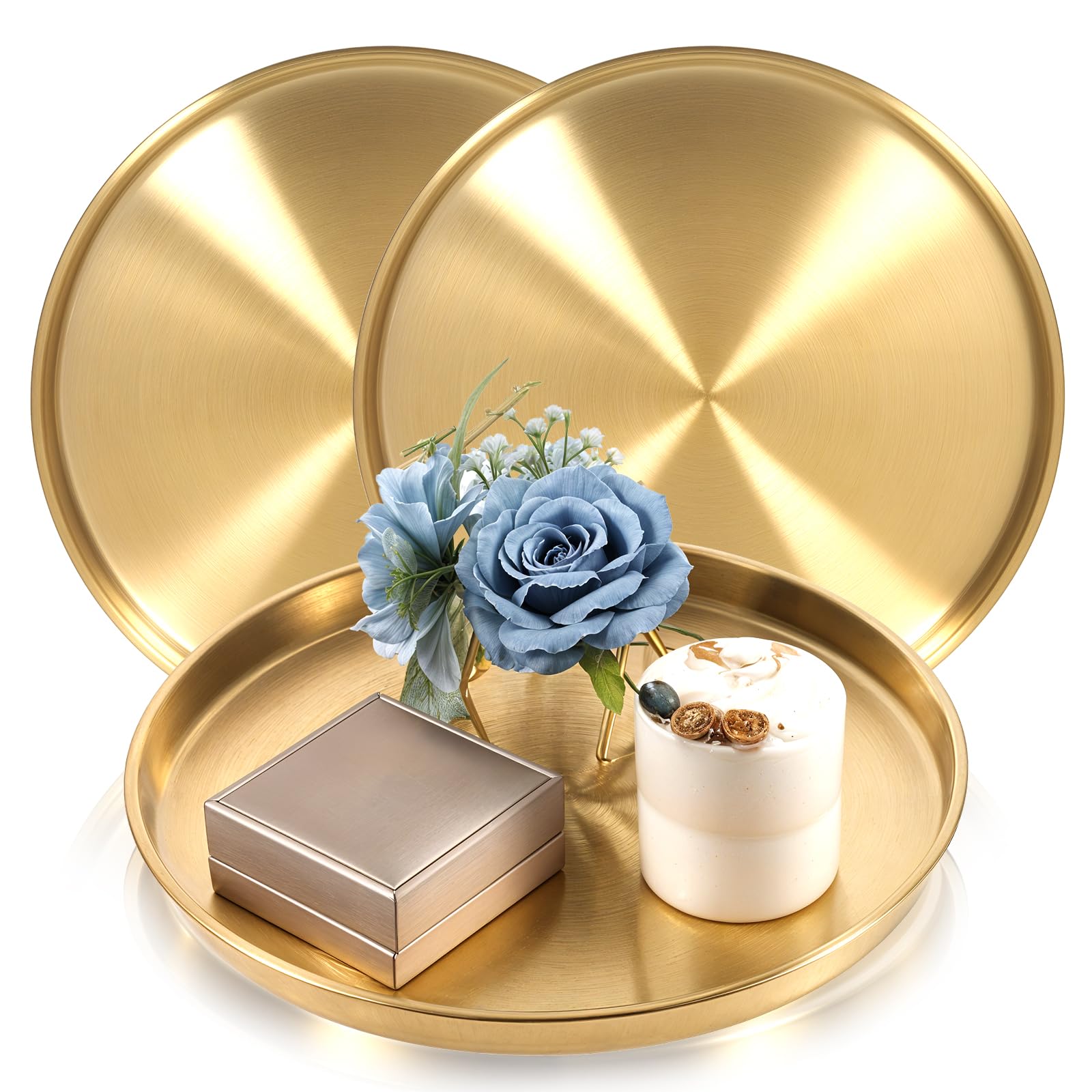 Photo 1 of 12 Inch Gold Round Serving Tray, 3 Pack Stainless Steel Coffee Table Tray, Modern Decorative Vanity Trays for Coffee Table Bar Vanity Bathroom Candle Display