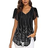 VALOLIA Womens Tops Short Sleeve Shirts Casual V Neck Blouse Double Layers Mesh Tunics Tops