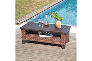 SUNSITT Outdoor Wicker Coffee Table with Waterproof Cover, 43" Brown Rattan Patio Table with Aluminum Slat Top