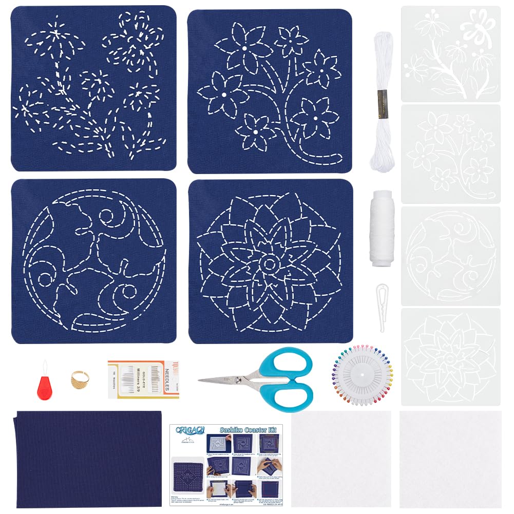 FREEBLOSS 4 Set DIY Sashiko Coaster Kit Full Sashiko Kit Beginner Embroidery Kits Plant DIY Coaster Set with 4 Sashiko Samplers Japanese Embroidery Kits for Adults Hand Sewing Kit