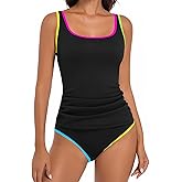 EVOCRCO Women's Swimsuit Tankini Tummy Control Bathing Suits Two Piece Modest Swim Suits High Waisted Shell Stitch Swimwear