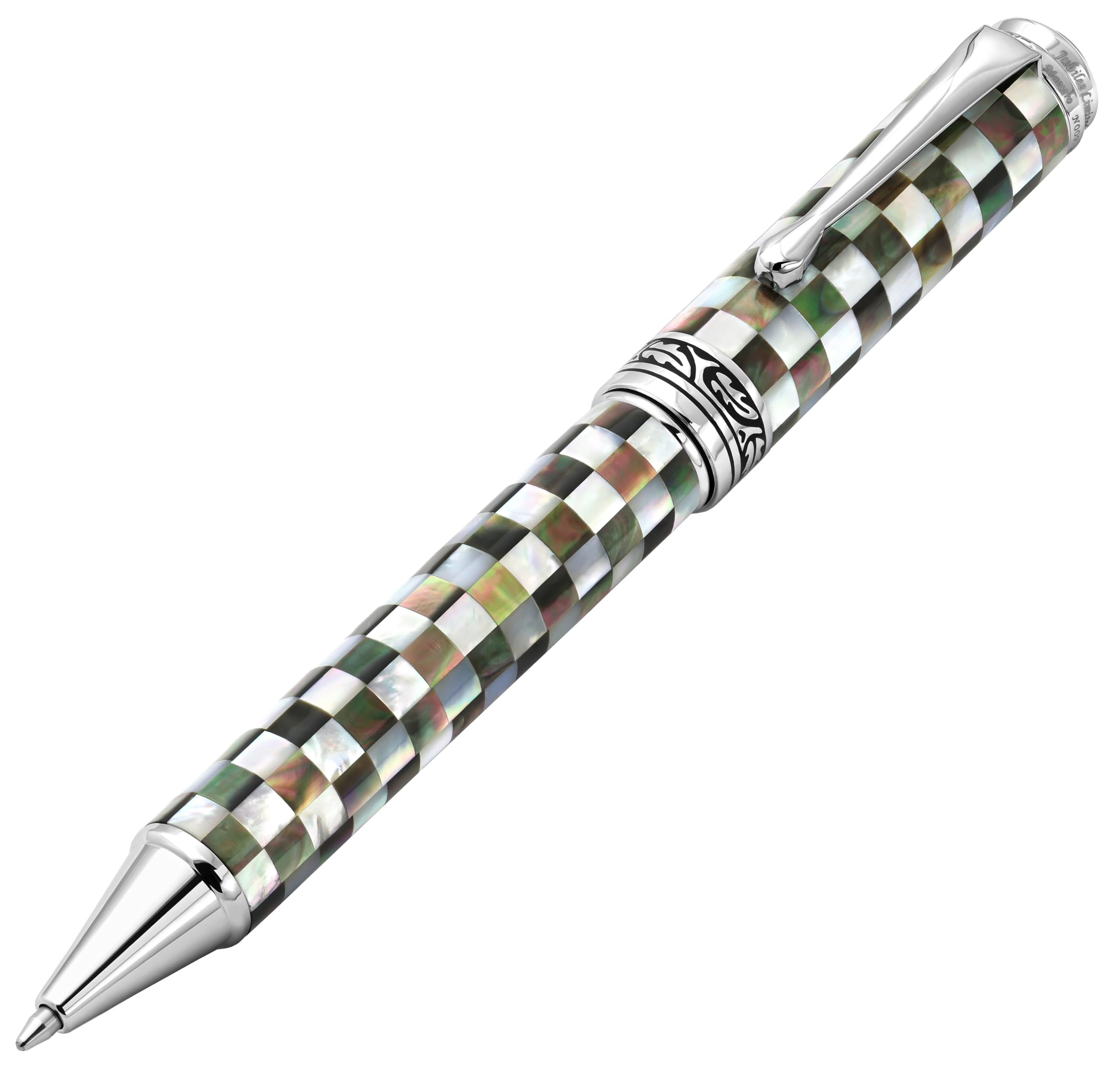 Xezo Maestro Jubilee Twist Action Ballpoint Pen, Medium Point. Checkered Oceanic White and Black Mother of Pearl. Chrome Plated. Limited Edition, Only 223 Pieces Made. No Two Pens Alike